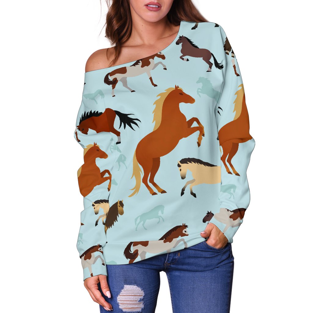 Horse Cute Themed Pattern Print Off Shoulder Sweatshirt