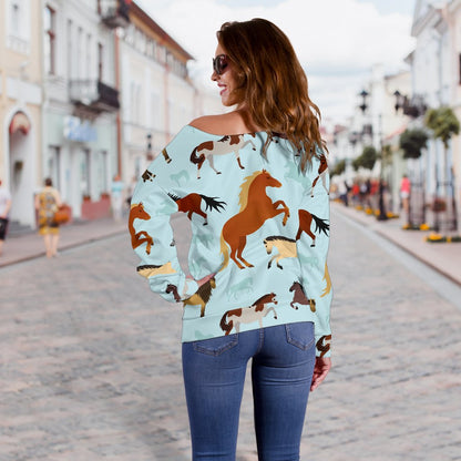 Horse Cute Themed Pattern Print Off Shoulder Sweatshirt
