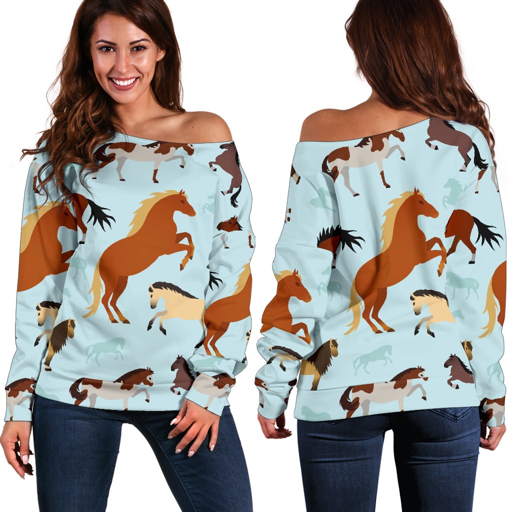Horse Cute Themed Pattern Print Off Shoulder Sweatshirt