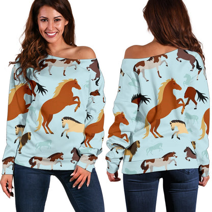 Horse Cute Themed Pattern Print Off Shoulder Sweatshirt