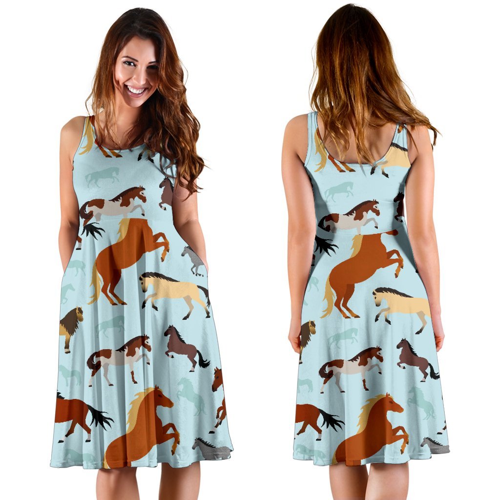 Horse Cute Themed Pattern Print Sleeveless Dress
