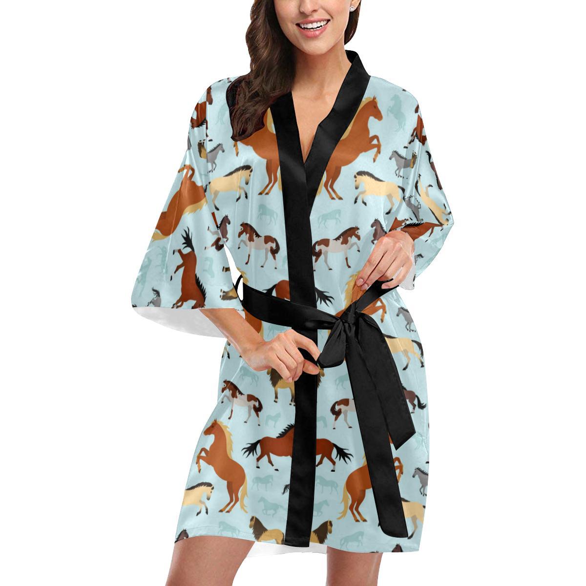 Horse Cute Themed Pattern Print Women Short Kimono Robe