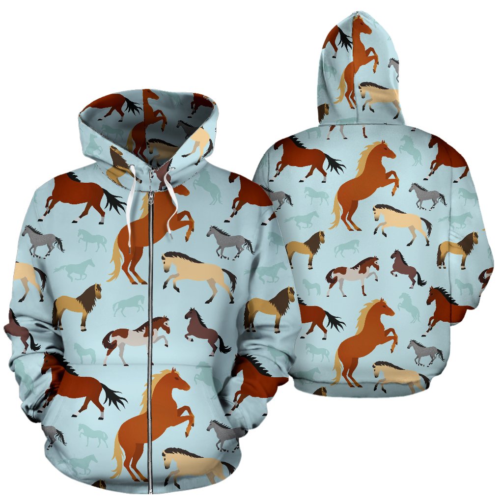Horse Cute Themed Pattern Print Zip Up Hoodie