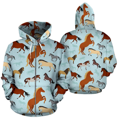 Horse Cute Themed Pattern Print Zip Up Hoodie
