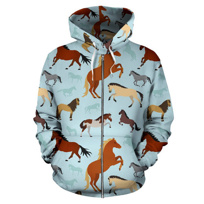 Horse Cute Themed Pattern Print Zip Up Hoodie