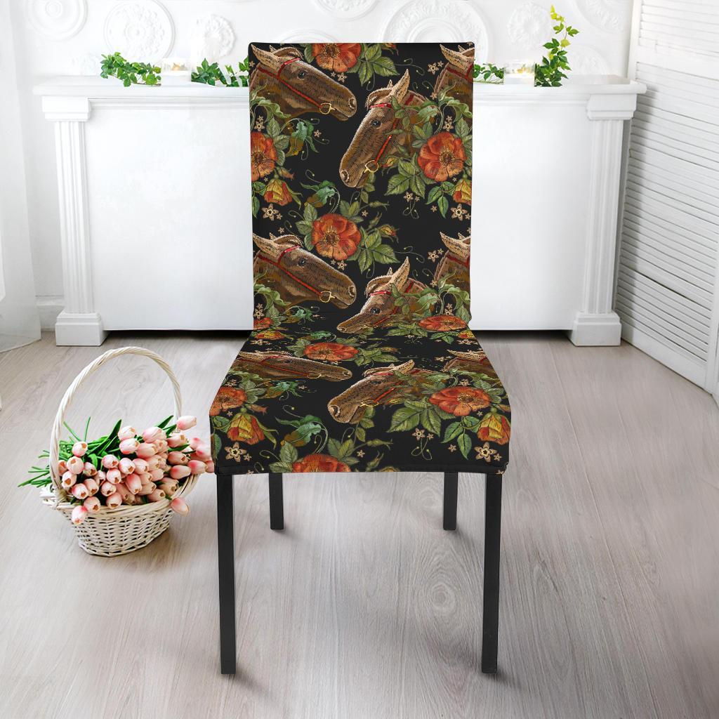 Horse Embroidery with Flower Design Dining Chair Slipcover-JTAMIGO.COM