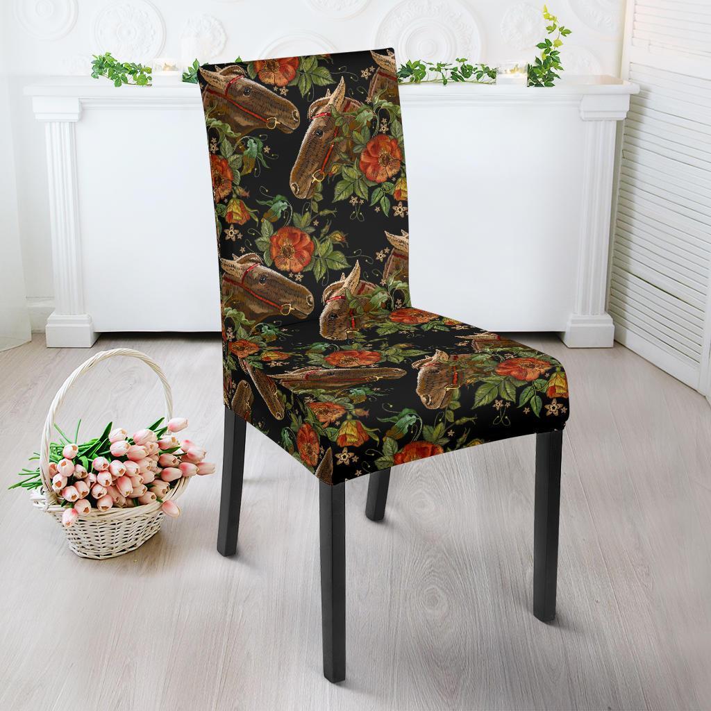 Horse Embroidery with Flower Design Dining Chair Slipcover-JTAMIGO.COM