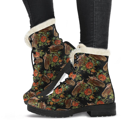 Horse Embroidery with Flower Design Faux Fur Leather Boots-JTAMIGO.COM