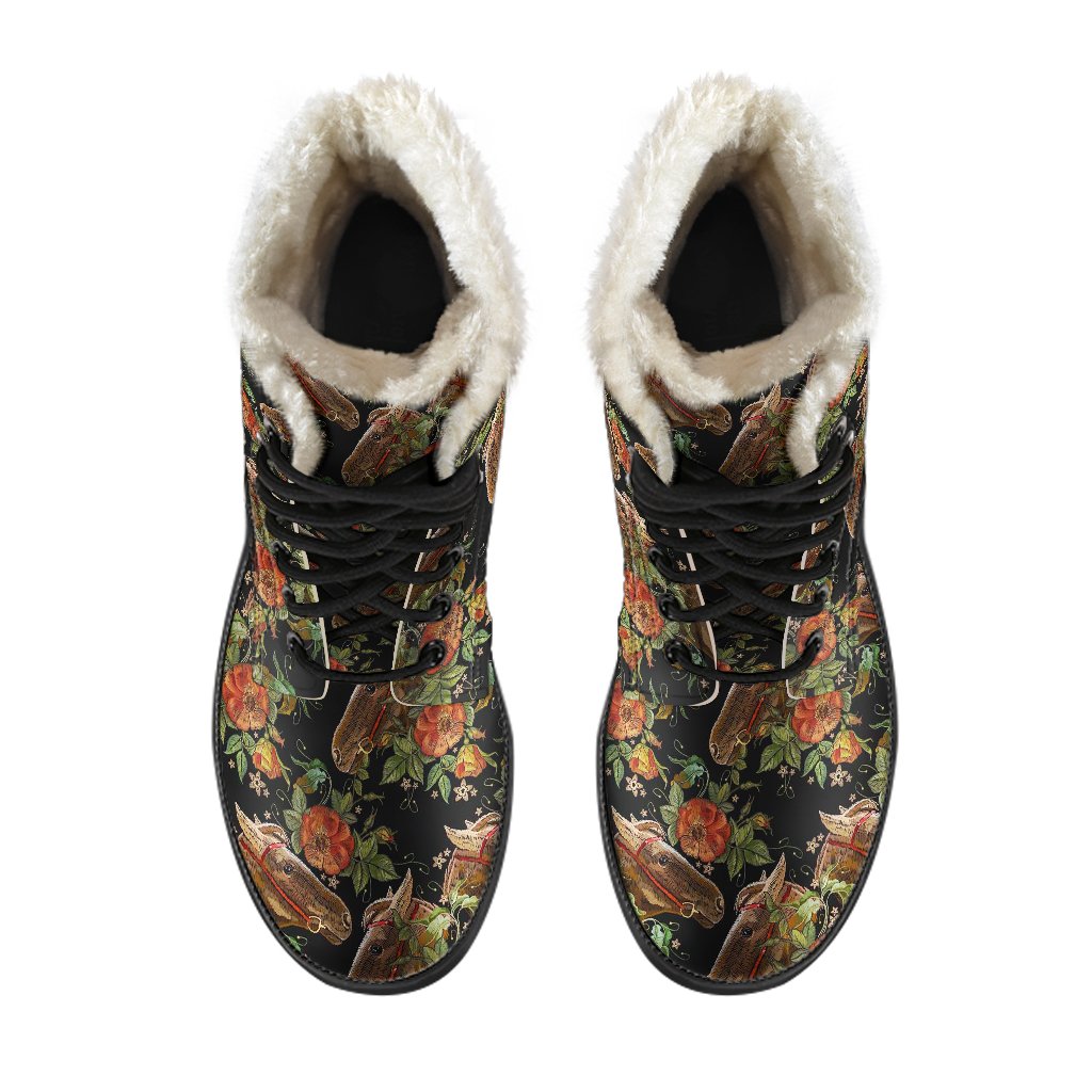 Horse Embroidery with Flower Design Faux Fur Leather Boots-JTAMIGO.COM