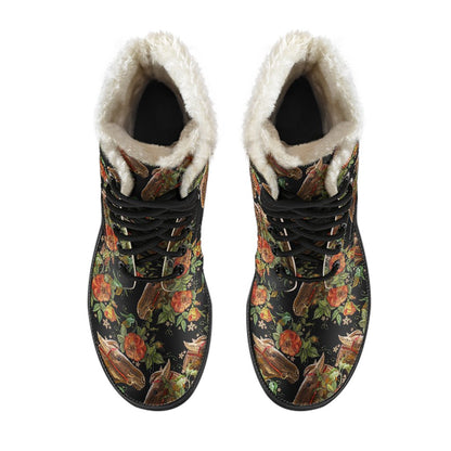Horse Embroidery with Flower Design Faux Fur Leather Boots-JTAMIGO.COM