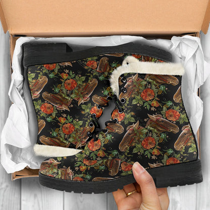 Horse Embroidery with Flower Design Faux Fur Leather Boots-JTAMIGO.COM
