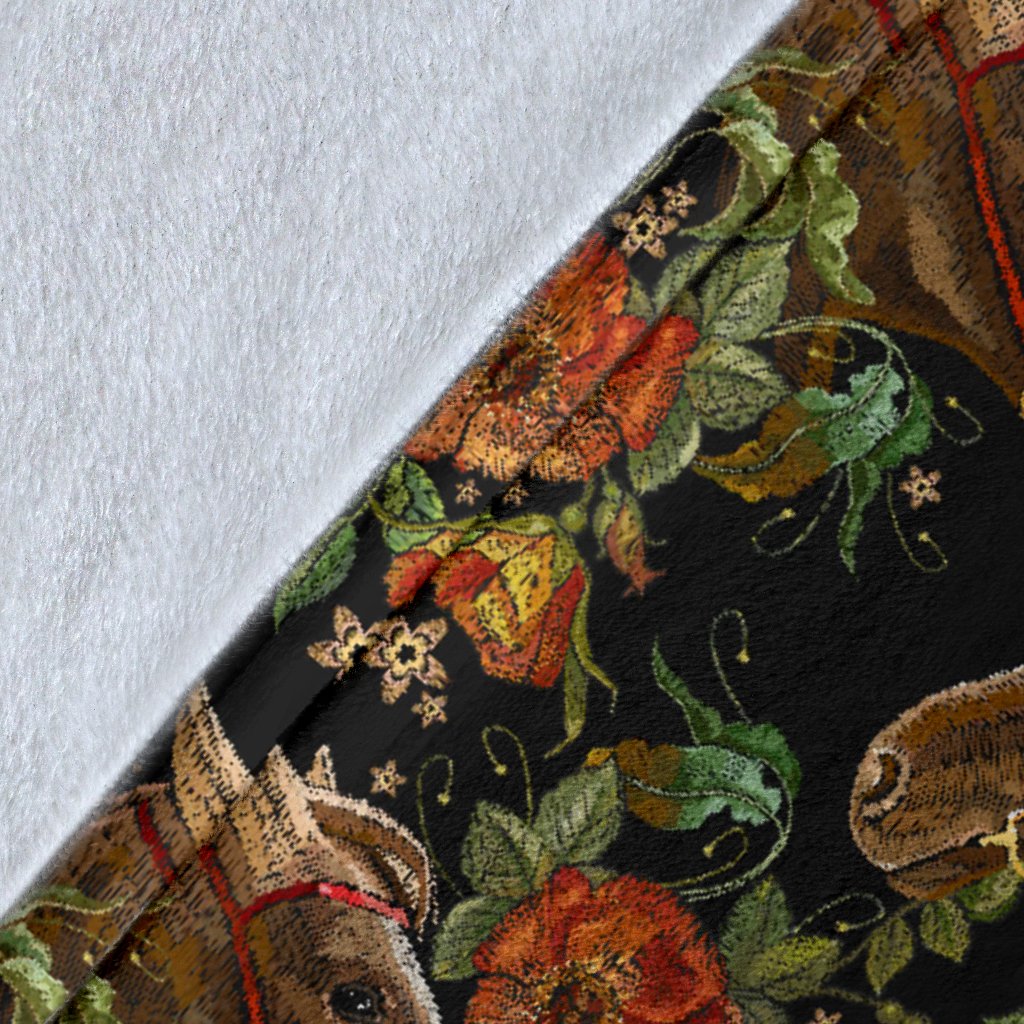 Horse Embroidery With Flower Design Fleece Blanket