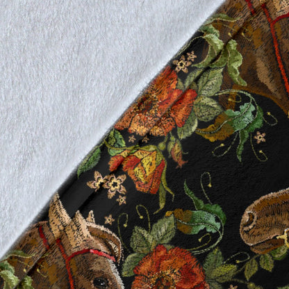 Horse Embroidery With Flower Design Fleece Blanket