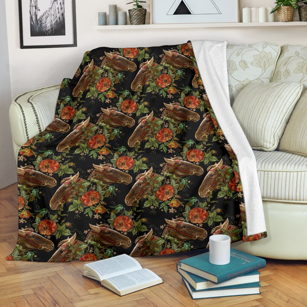 Horse Embroidery With Flower Design Fleece Blanket