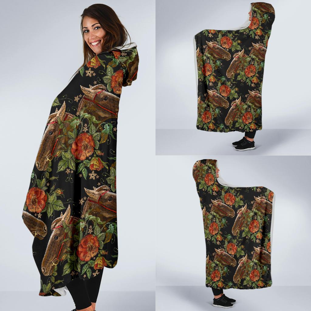 Horse Embroidery with Flower Design Hooded Blanket-JTAMIGO.COM