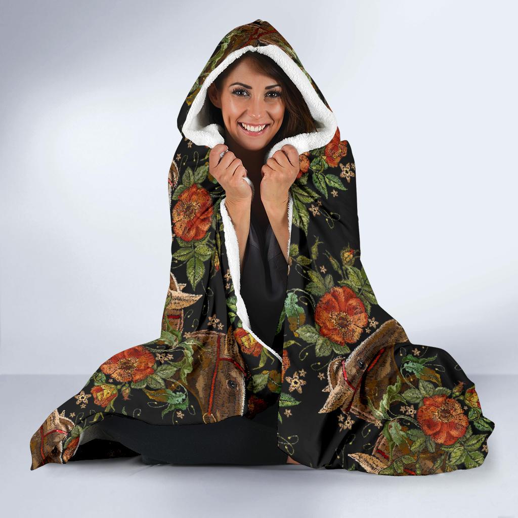Horse Embroidery with Flower Design Hooded Blanket-JTAMIGO.COM