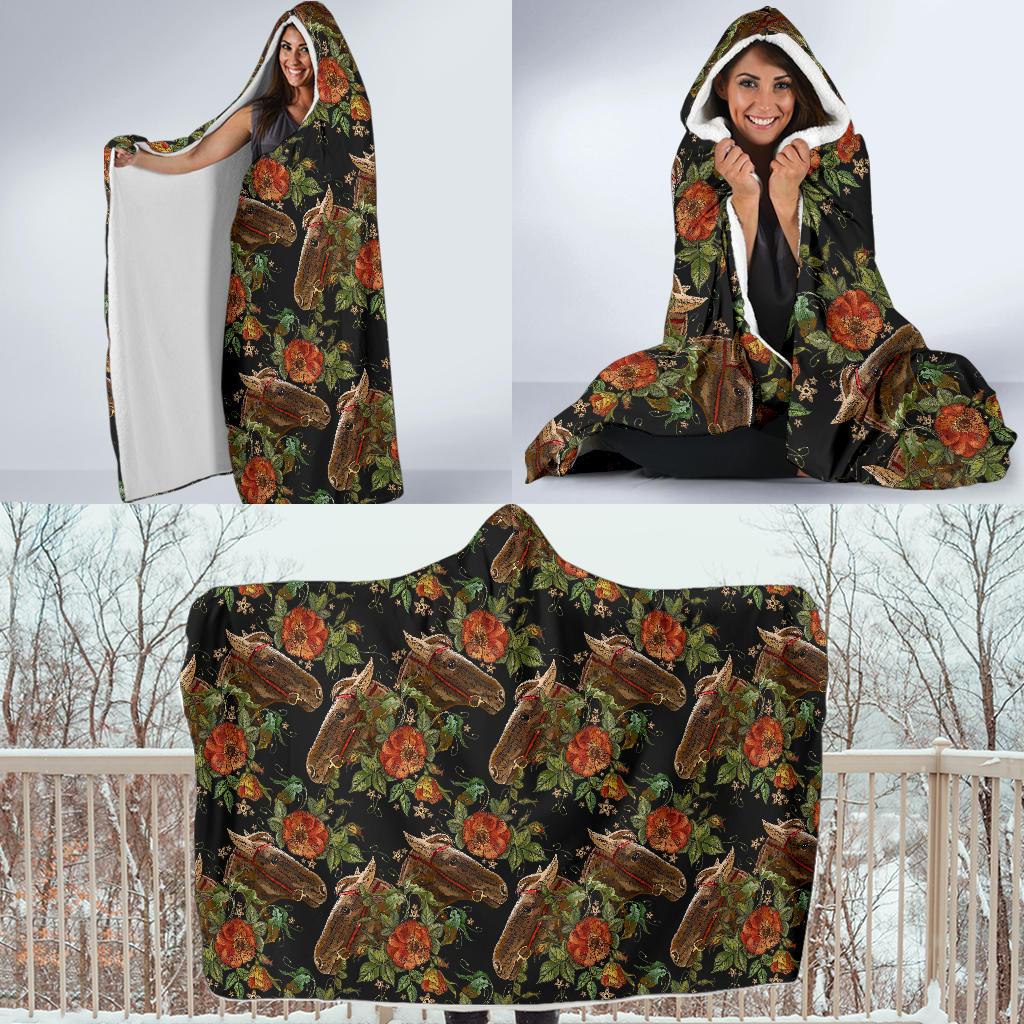 Horse Embroidery with Flower Design Hooded Blanket-JTAMIGO.COM