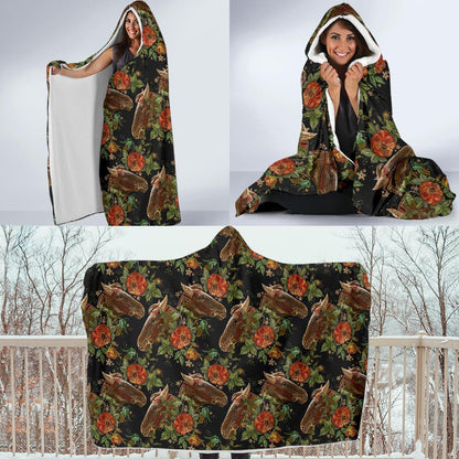 Horse Embroidery with Flower Design Hooded Blanket-JTAMIGO.COM