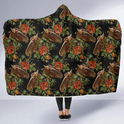 Horse Embroidery with Flower Design Hooded Blanket-JTAMIGO.COM
