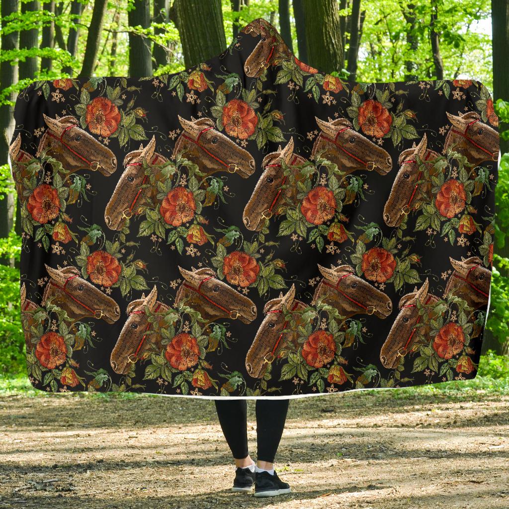 Horse Embroidery with Flower Design Hooded Blanket-JTAMIGO.COM