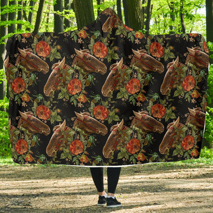 Horse Embroidery with Flower Design Hooded Blanket-JTAMIGO.COM