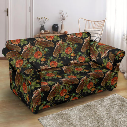 Horse Embroidery with Flower Design Loveseat Slipcover-JTAMIGO.COM