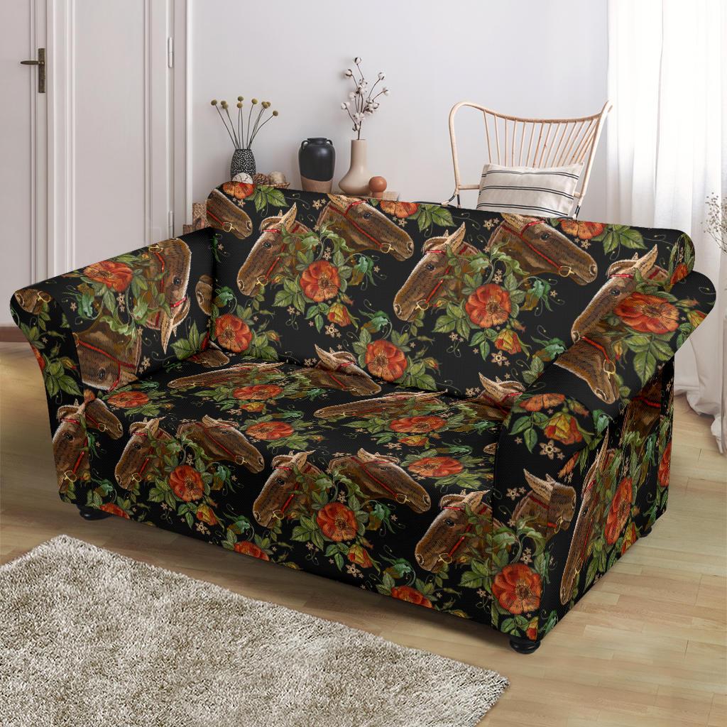 Horse Embroidery with Flower Design Loveseat Slipcover-JTAMIGO.COM