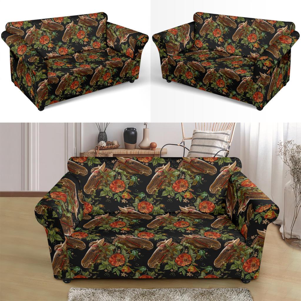 Horse Embroidery with Flower Design Loveseat Slipcover-JTAMIGO.COM