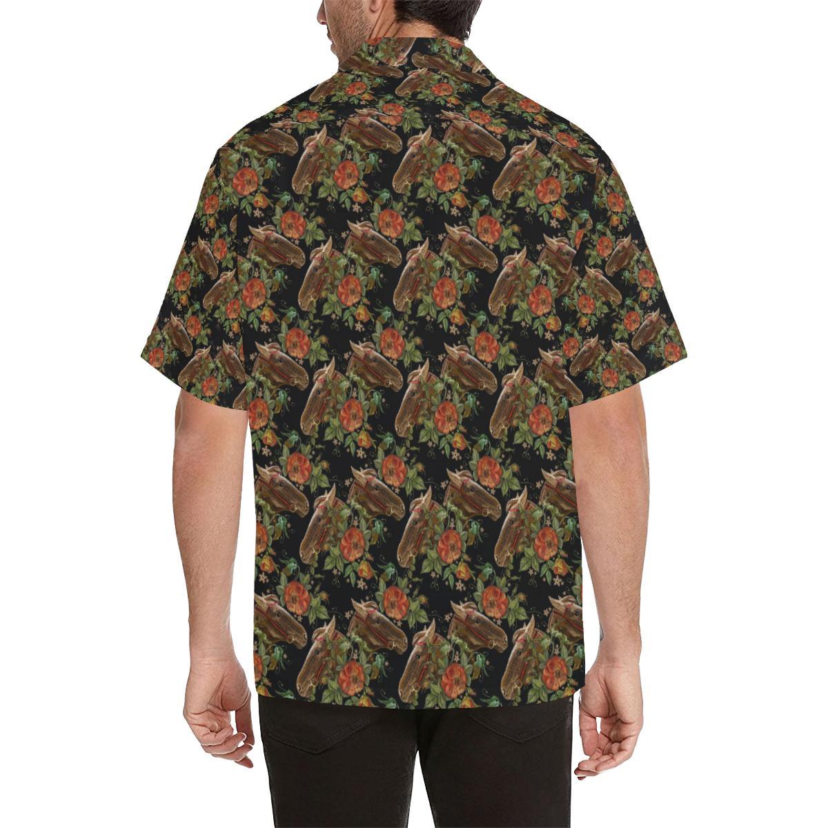 Horse Embroidery with Flower Design Men Aloha Hawaiian Shirt