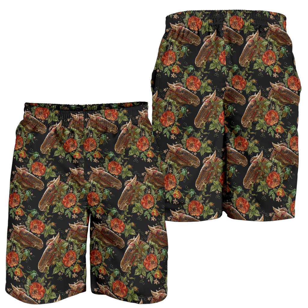 Horse Embroidery with Flower Design Mens Shorts-JTAMIGO.COM