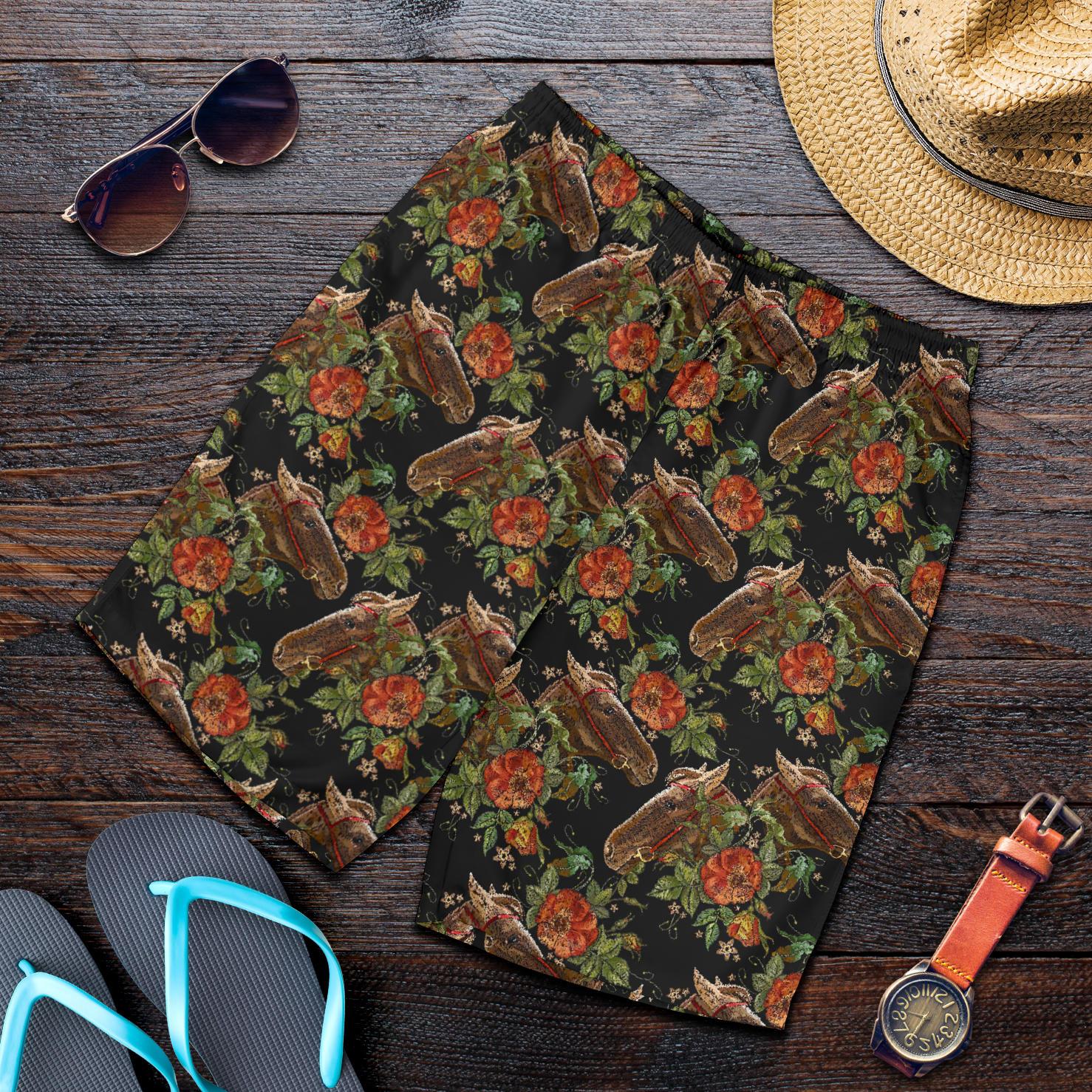 Horse Embroidery with Flower Design Mens Shorts-JTAMIGO.COM