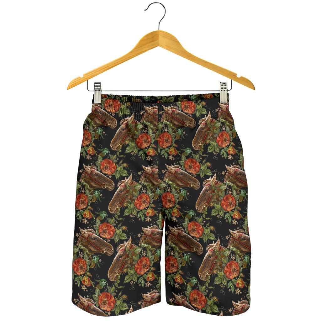 Horse Embroidery with Flower Design Mens Shorts-JTAMIGO.COM
