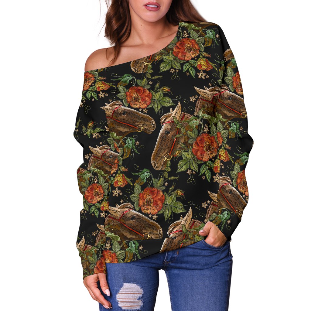 Horse Embroidery With Flower Design Off Shoulder Sweatshirt