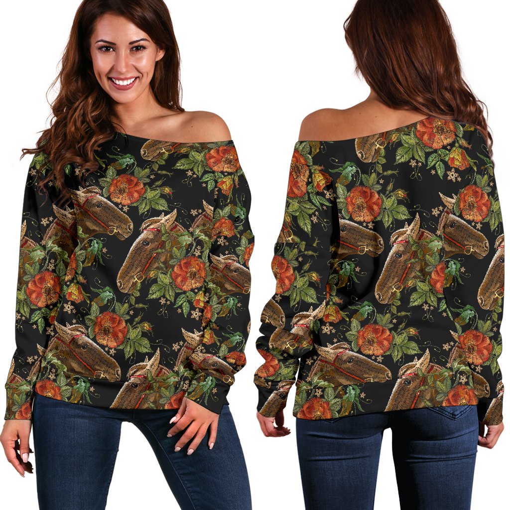 Horse Embroidery With Flower Design Off Shoulder Sweatshirt