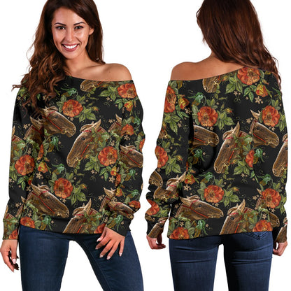 Horse Embroidery With Flower Design Off Shoulder Sweatshirt