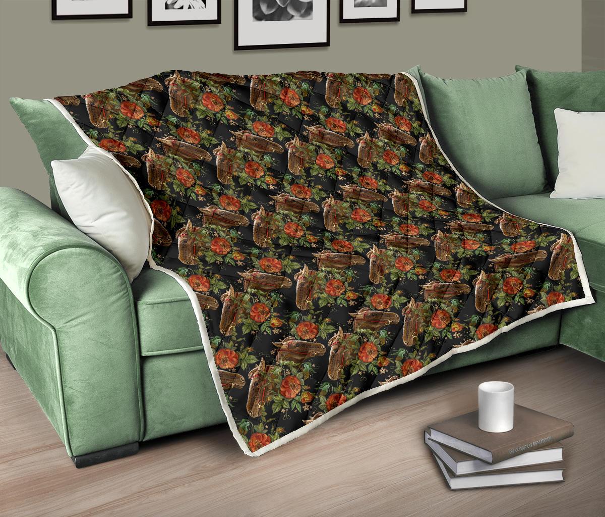 Horse Embroidery with Flower Design Premium Quilt-JTAMIGO.COM