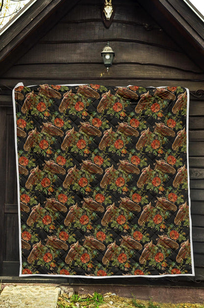 Horse Embroidery with Flower Design Premium Quilt-JTAMIGO.COM