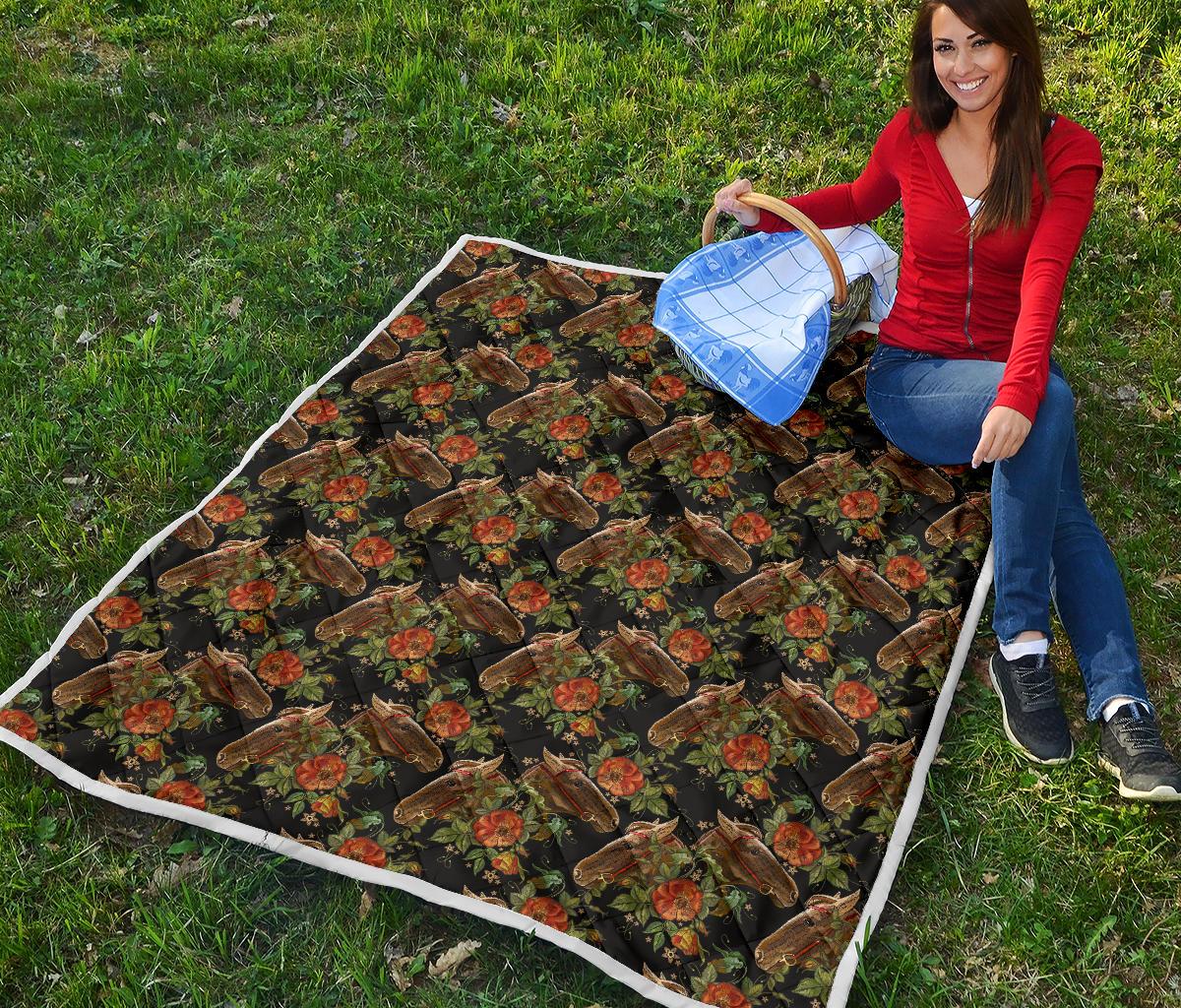 Horse Embroidery with Flower Design Premium Quilt-JTAMIGO.COM