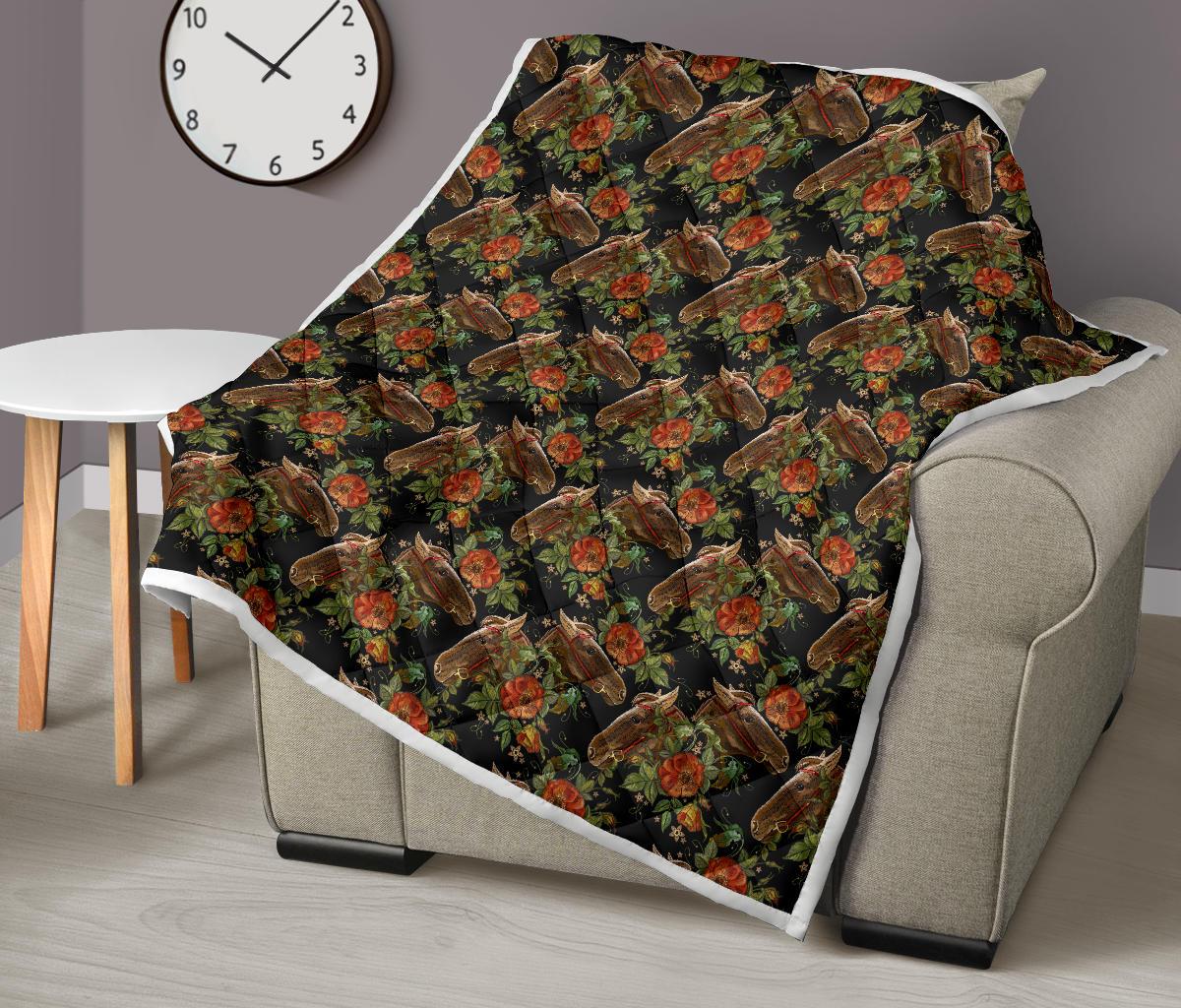 Horse Embroidery with Flower Design Premium Quilt-JTAMIGO.COM