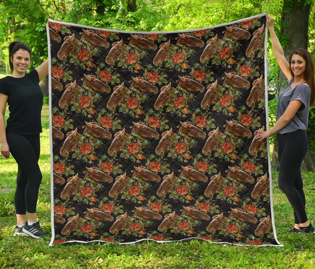 Horse Embroidery with Flower Design Premium Quilt-JTAMIGO.COM