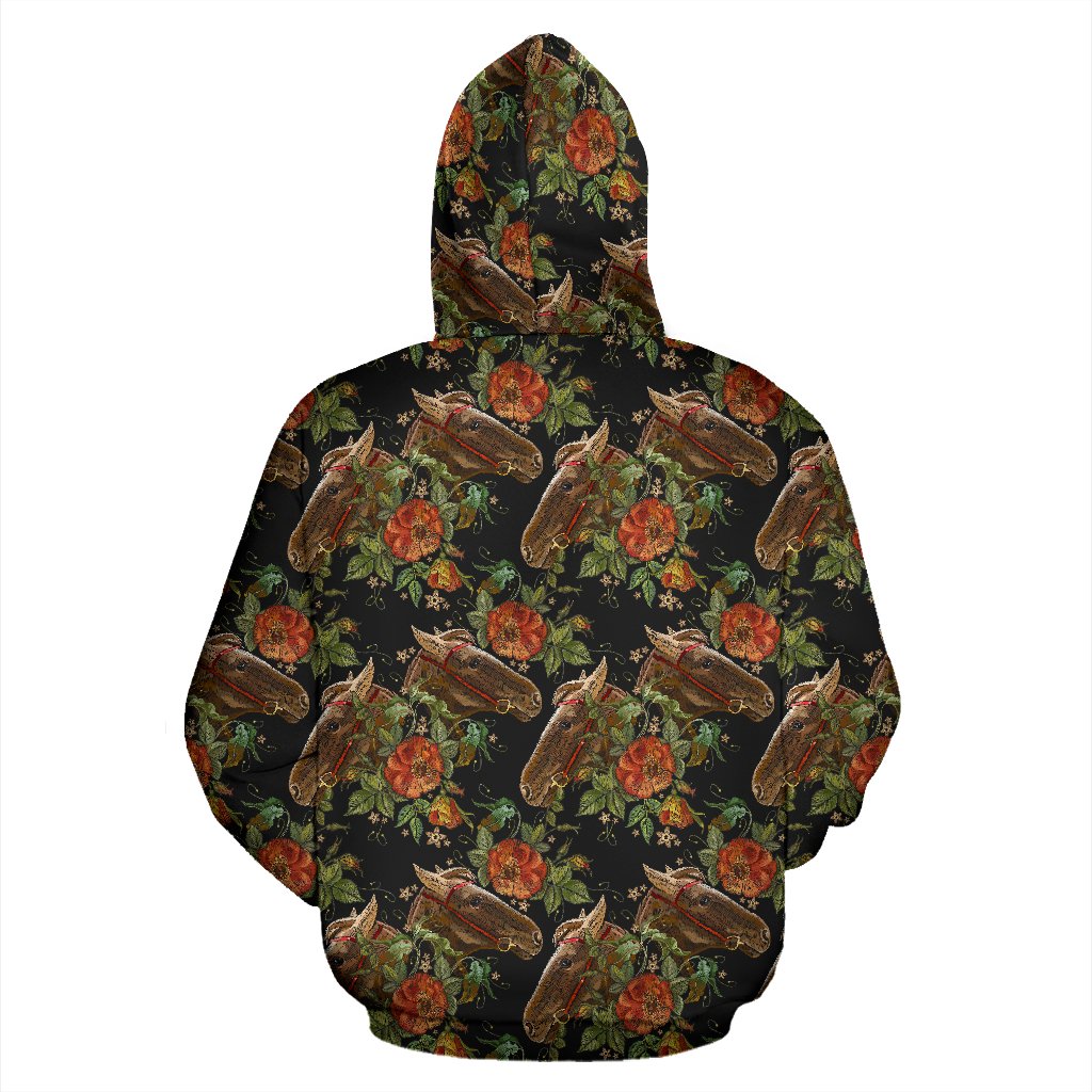 Horse Embroidery with Flower Design Pullover Hoodie