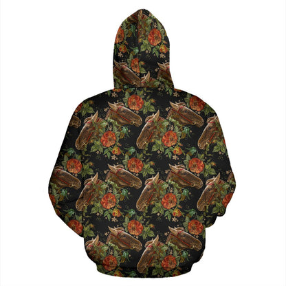 Horse Embroidery with Flower Design Pullover Hoodie