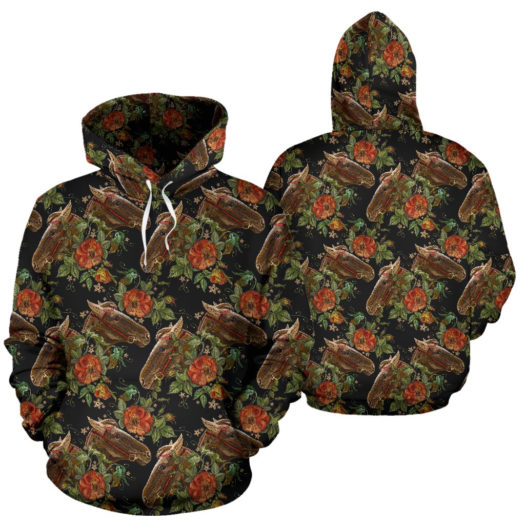 Horse Embroidery with Flower Design Pullover Hoodie