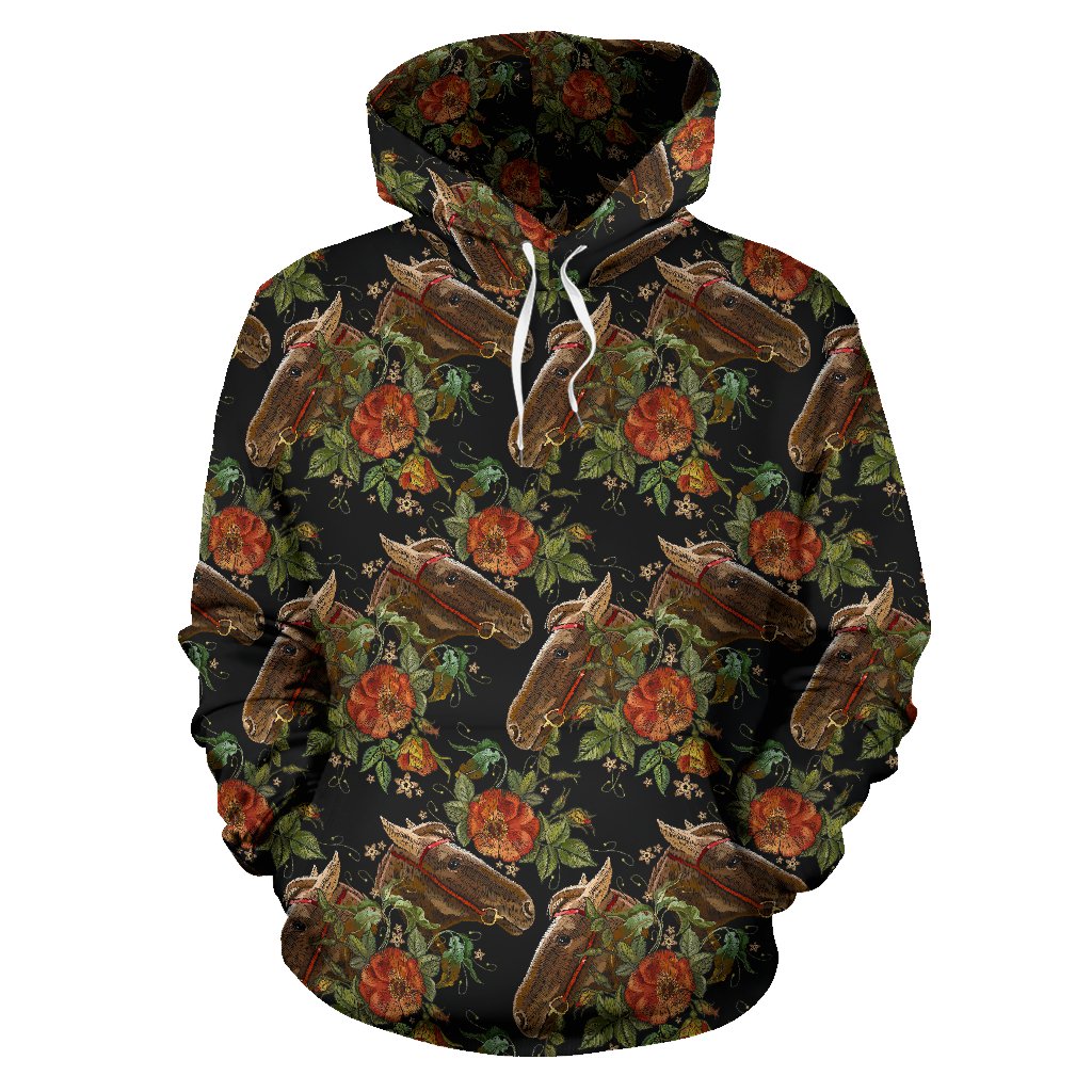 Horse Embroidery with Flower Design Pullover Hoodie
