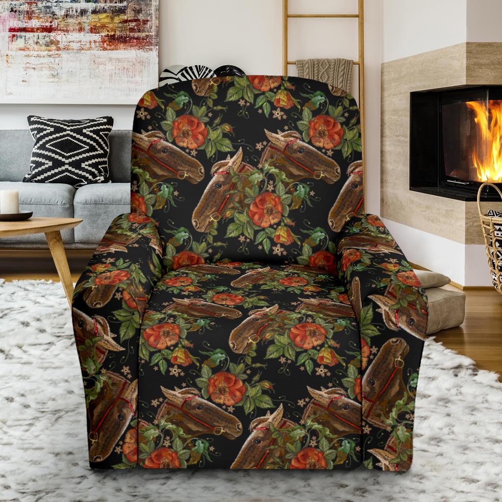 Horse Embroidery with Flower Design Single Sofa Slipcover -JTAMIGO.COM