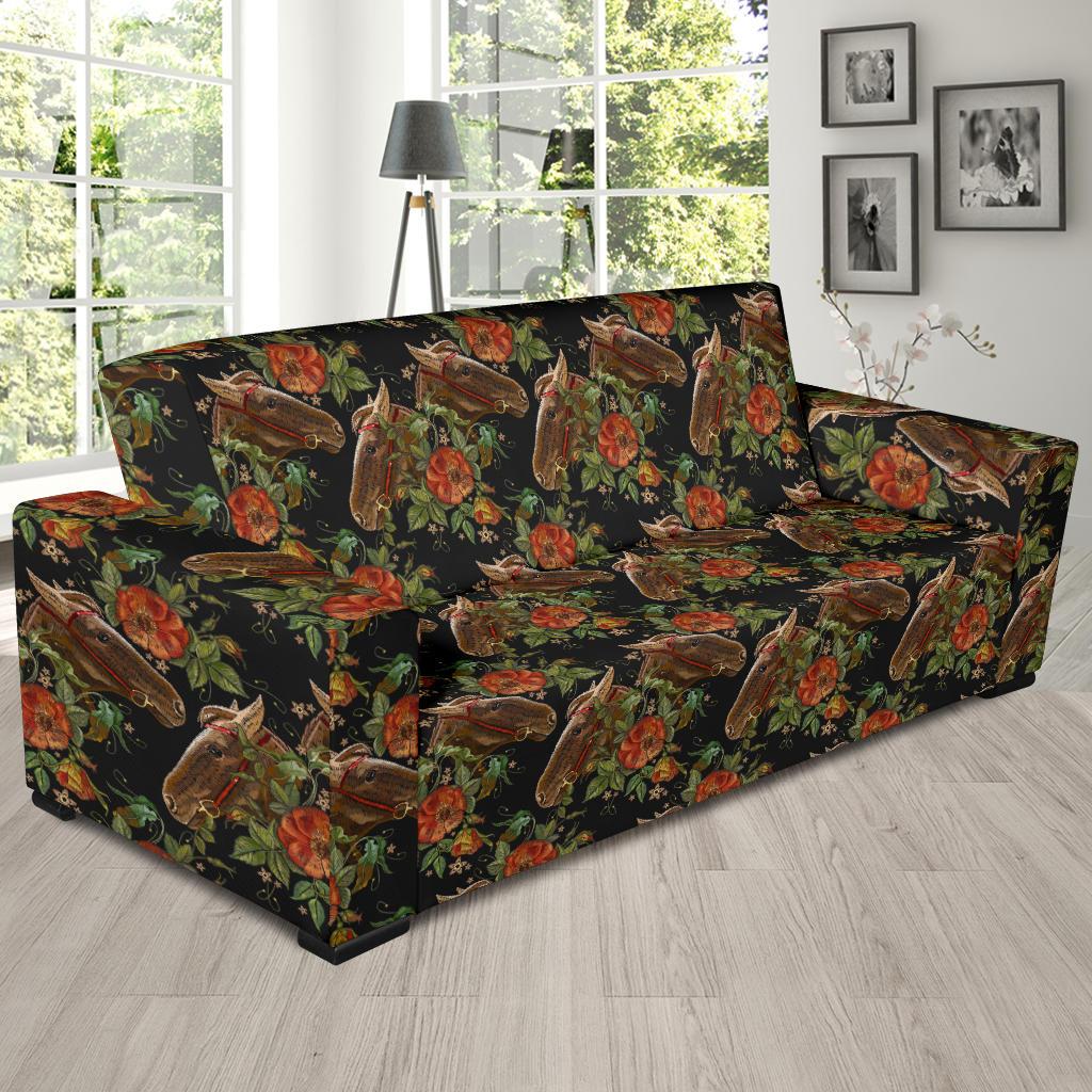 Horse Embroidery with Flower Design Sofa Slipcover-JTAMIGO.COM