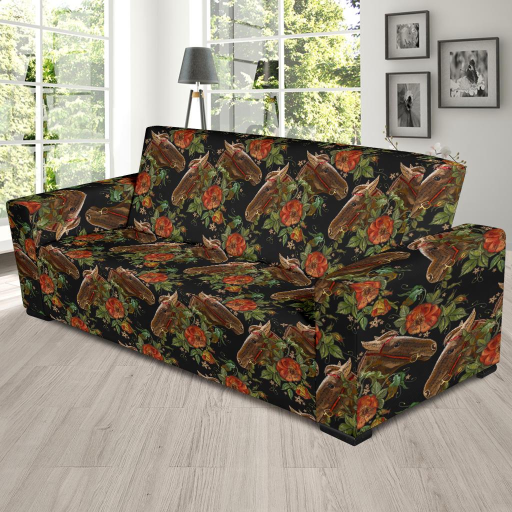 Horse Embroidery with Flower Design Sofa Slipcover-JTAMIGO.COM