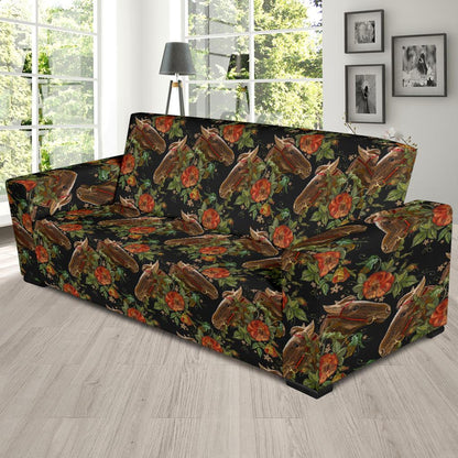 Horse Embroidery with Flower Design Sofa Slipcover-JTAMIGO.COM