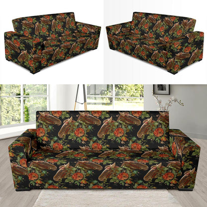 Horse Embroidery with Flower Design Sofa Slipcover-JTAMIGO.COM