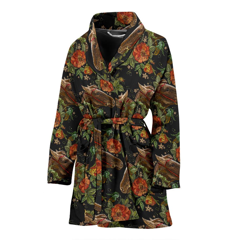 Horse Embroidery with Flower Design Women Bath Robe-JTAMIGO.COM
